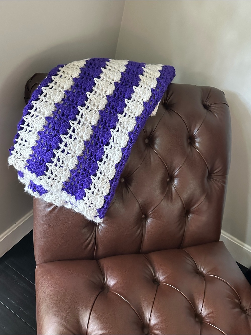 Striped Crochet Throw Blanket - Purple & White 56”x37”
